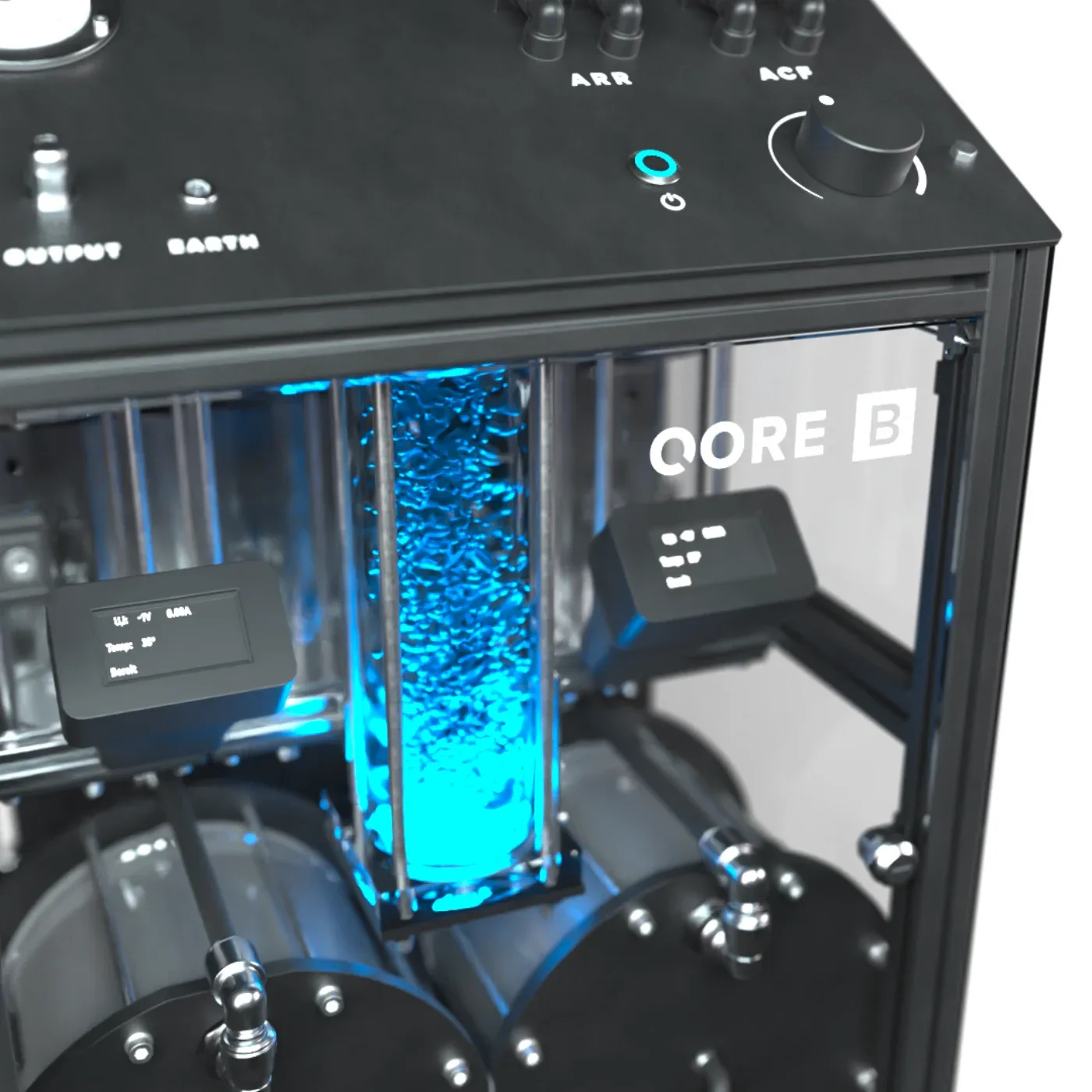 Blick in den Reaktor des CORE B: eine blau leuchtende Säule, in der Wasserplasma entsteht